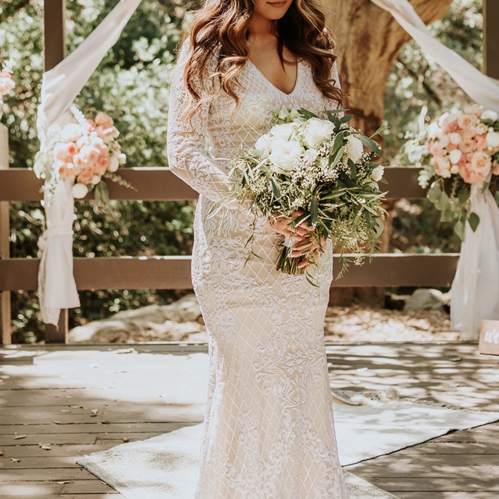 Wedding Dress long sleeve open back v neck, white and nude beaded embroidered - Picture 4 of 10